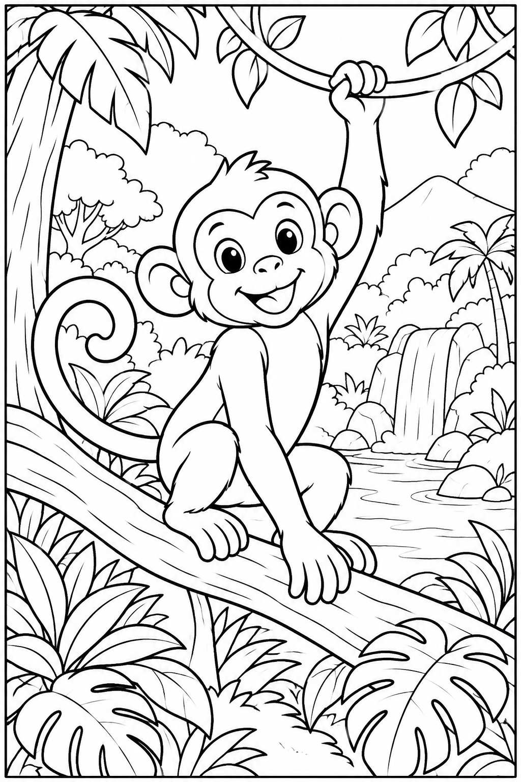 Aap — In de jungle — zwart-wit kleurplaat