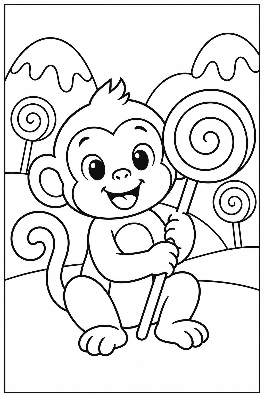 Aap — Snoepjesland — zwart-wit kleurplaat