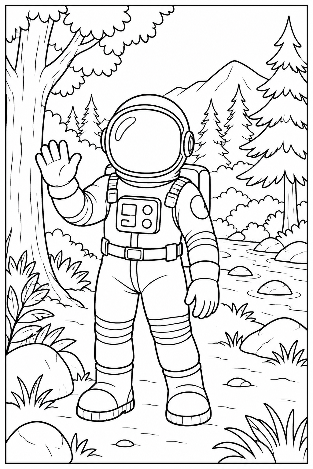 Astronaut — In het bos — zwart-wit kleurplaat