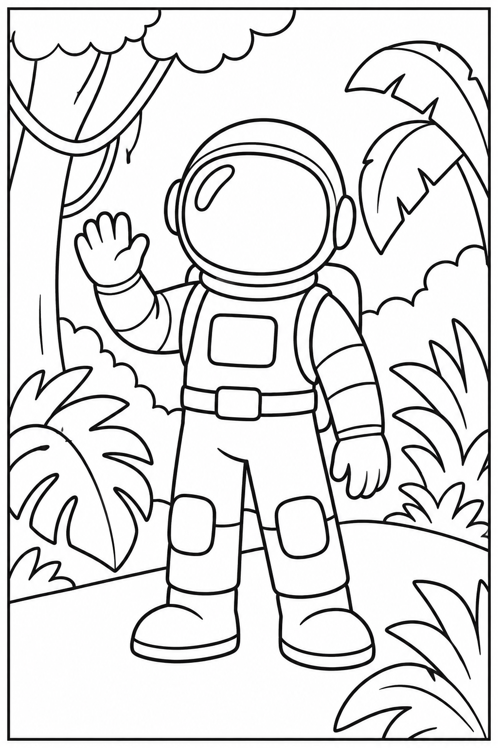 Astronaut — In de jungle — zwart-wit kleurplaat