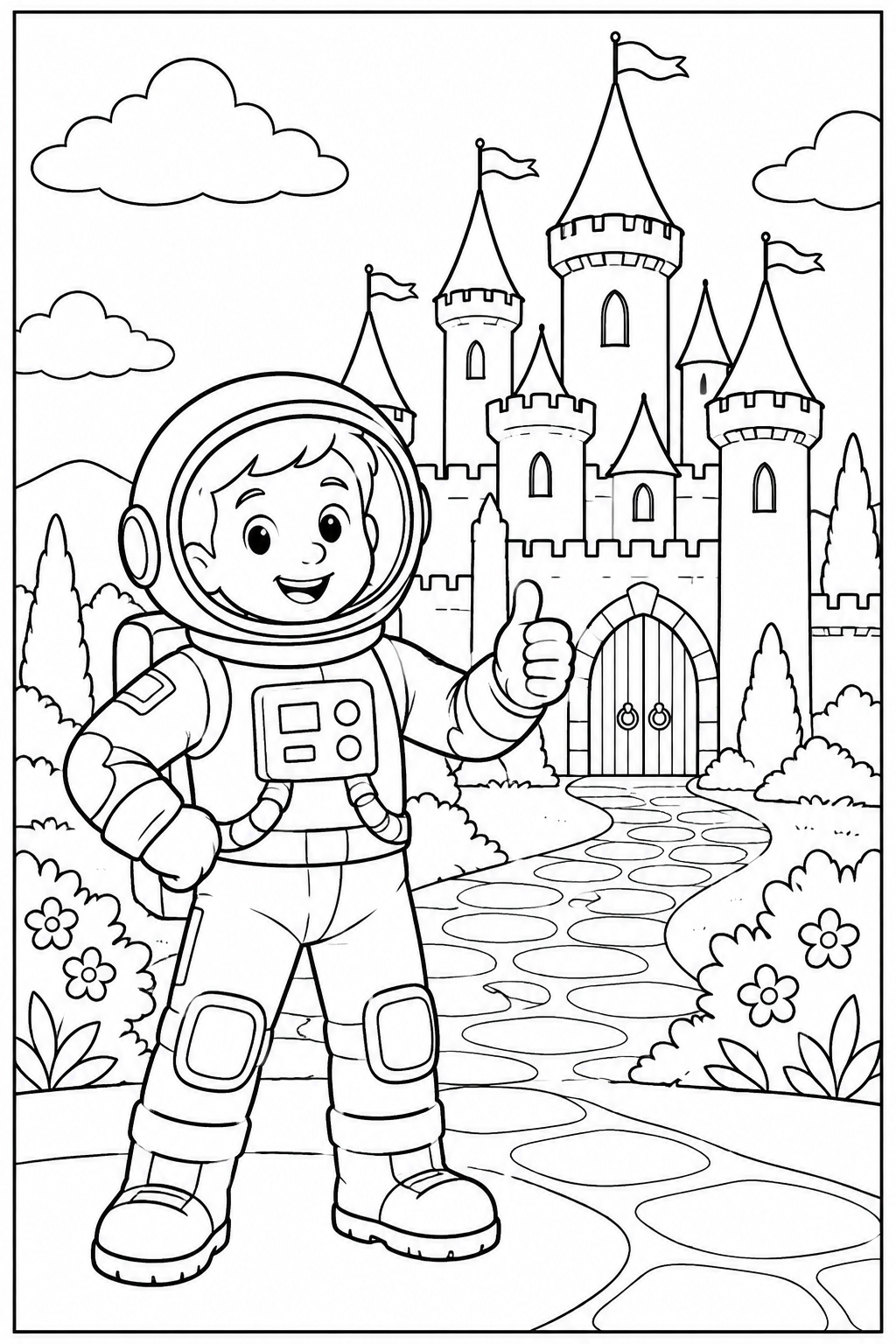 Astronaut — Bij een kasteel — zwart-wit kleurplaat