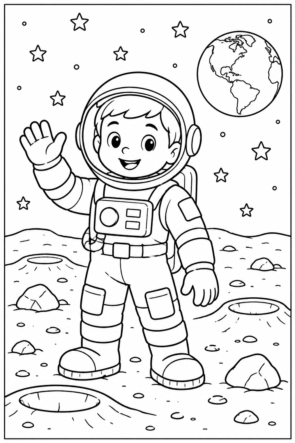 Astronaut — Op de maan — zwart-wit kleurplaat