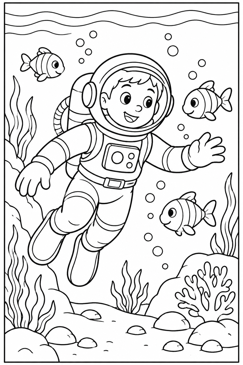 Astronaut — Onder water — zwart-wit kleurplaat