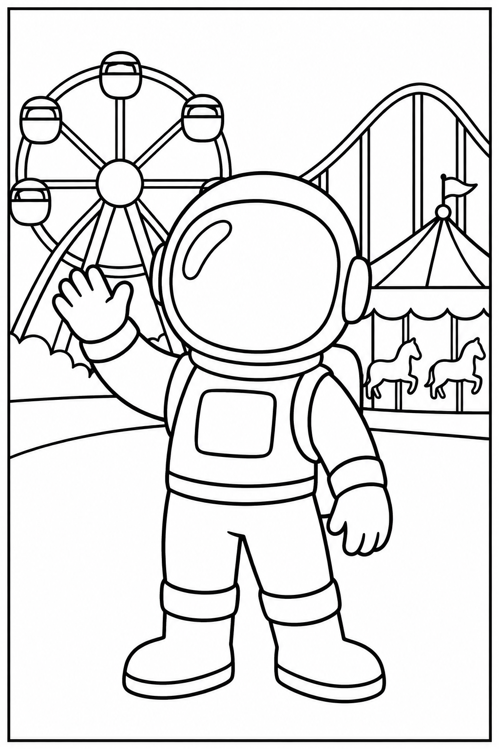 Astronaut — In het pretpark — zwart-wit kleurplaat