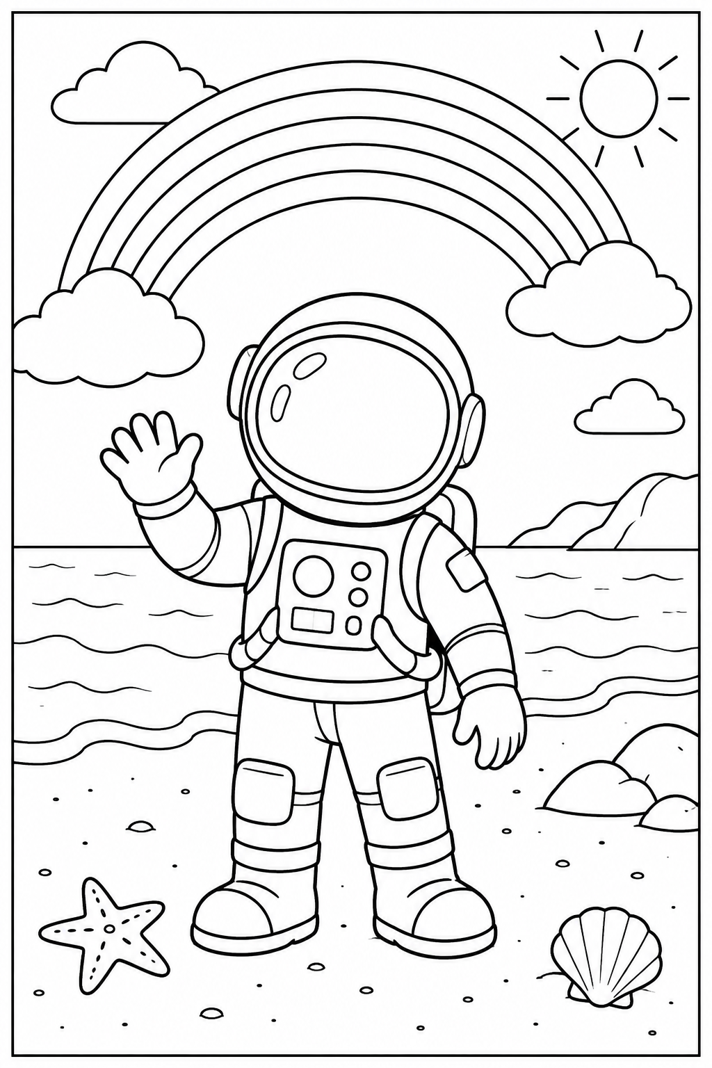 Astronaut — Bij de regenboog — zwart-wit kleurplaat