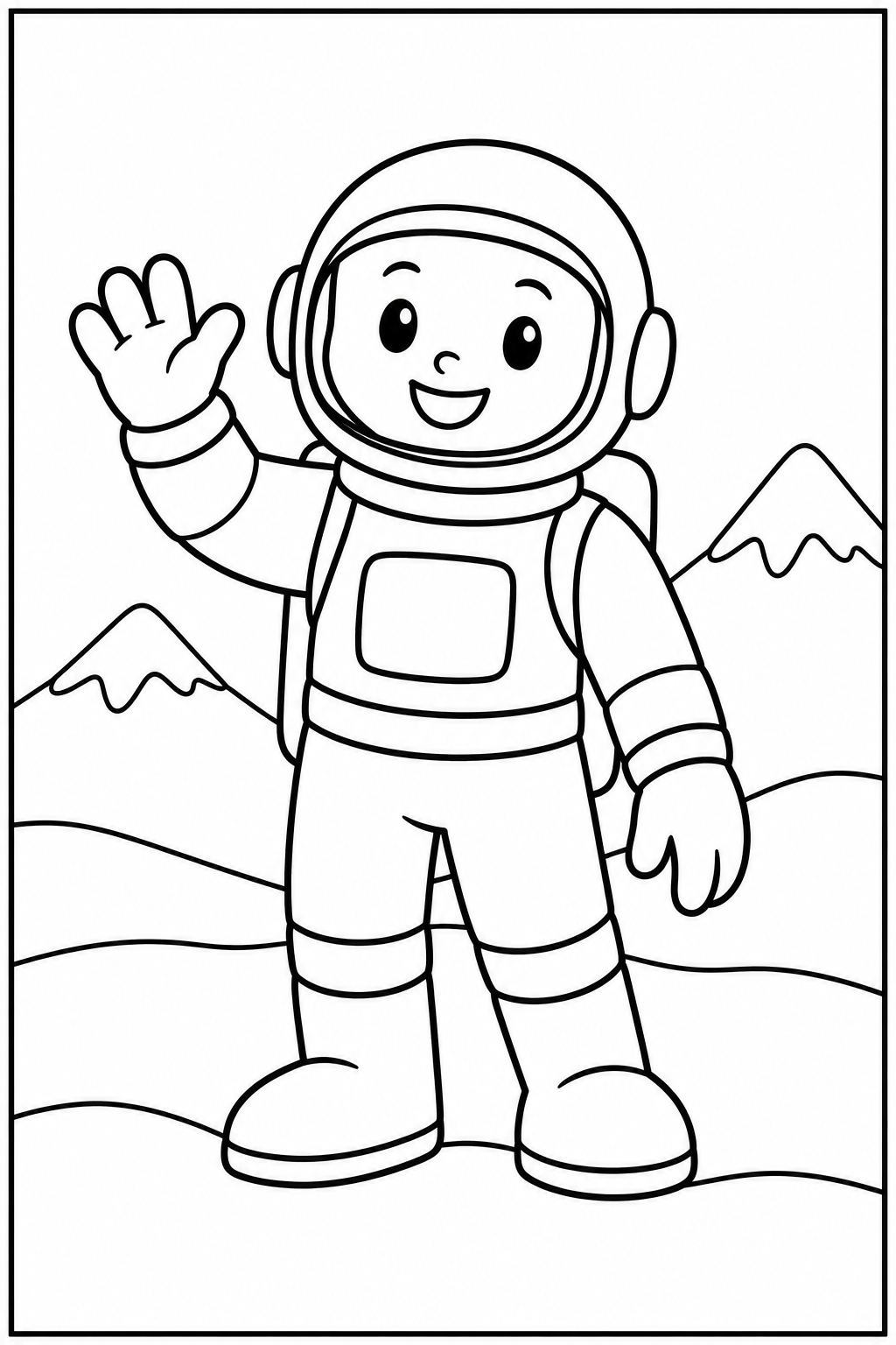 Astronaut — In de sneeuw — zwart-wit kleurplaat