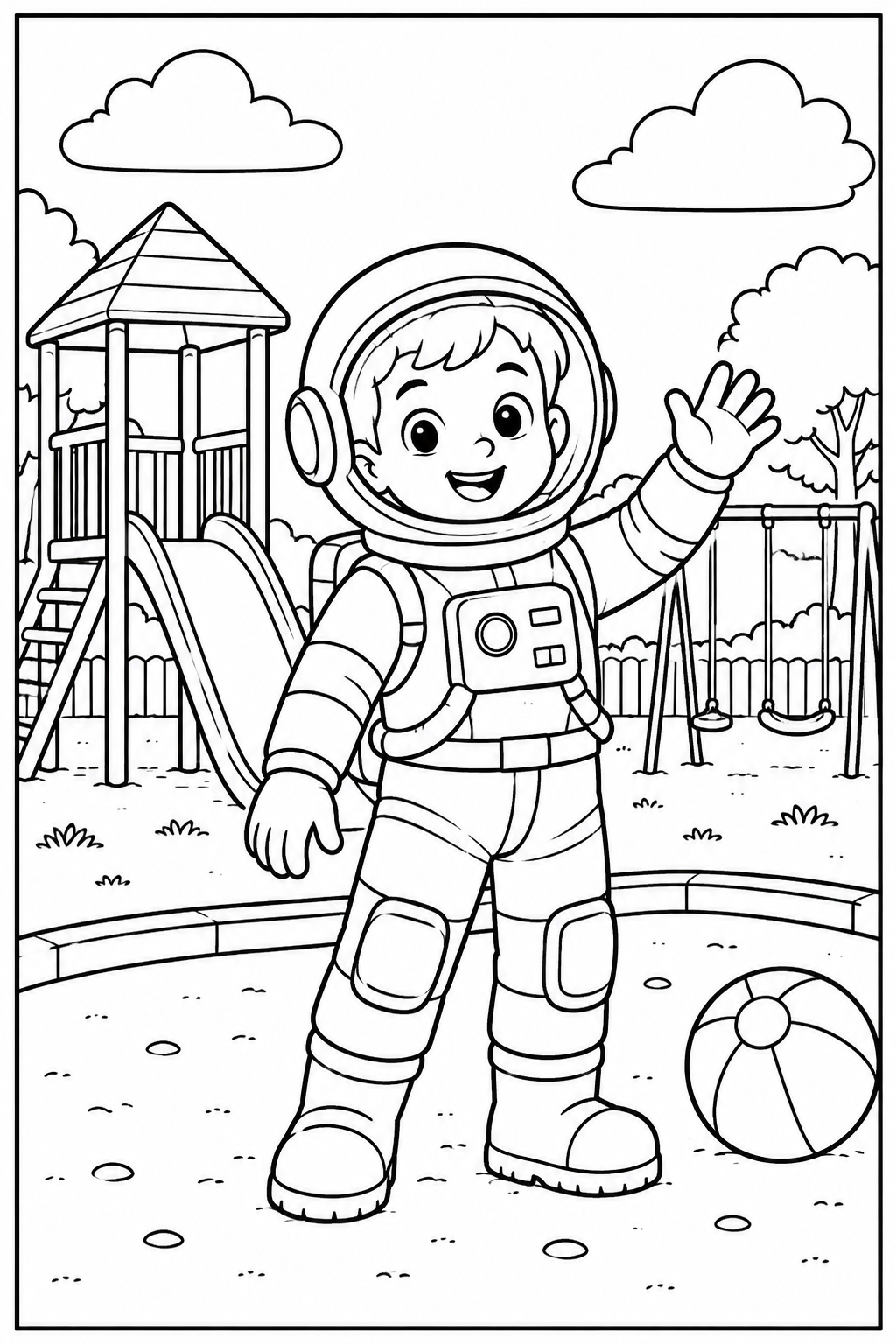 Astronaut — In de speeltuin — zwart-wit kleurplaat