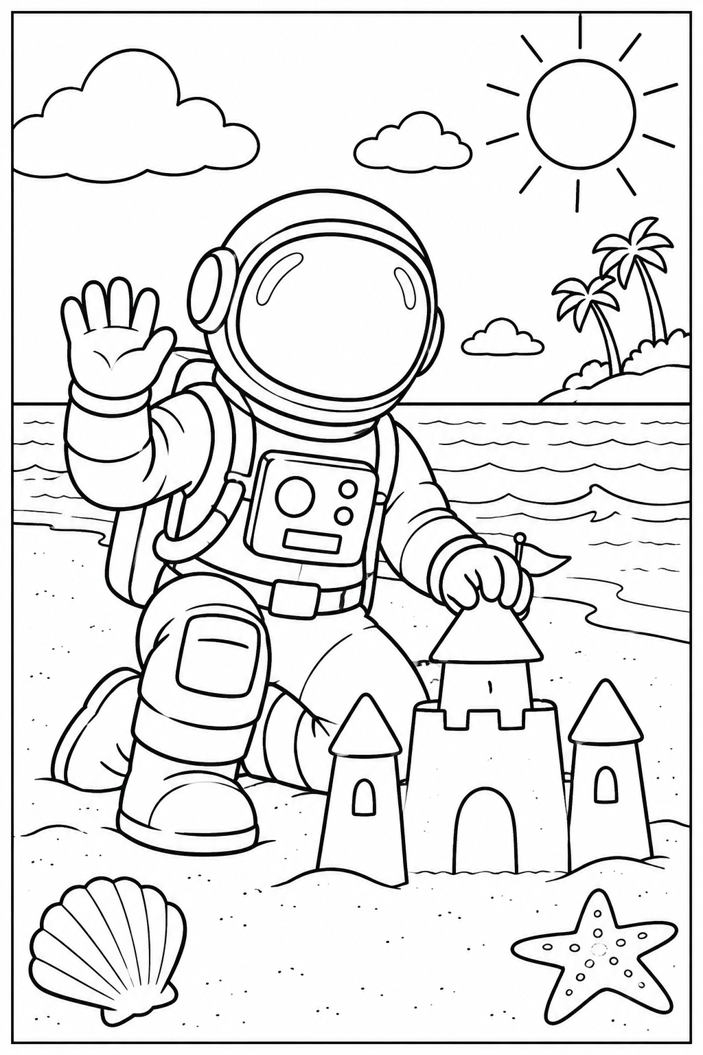 Astronaut — Op het strand — zwart-wit kleurplaat