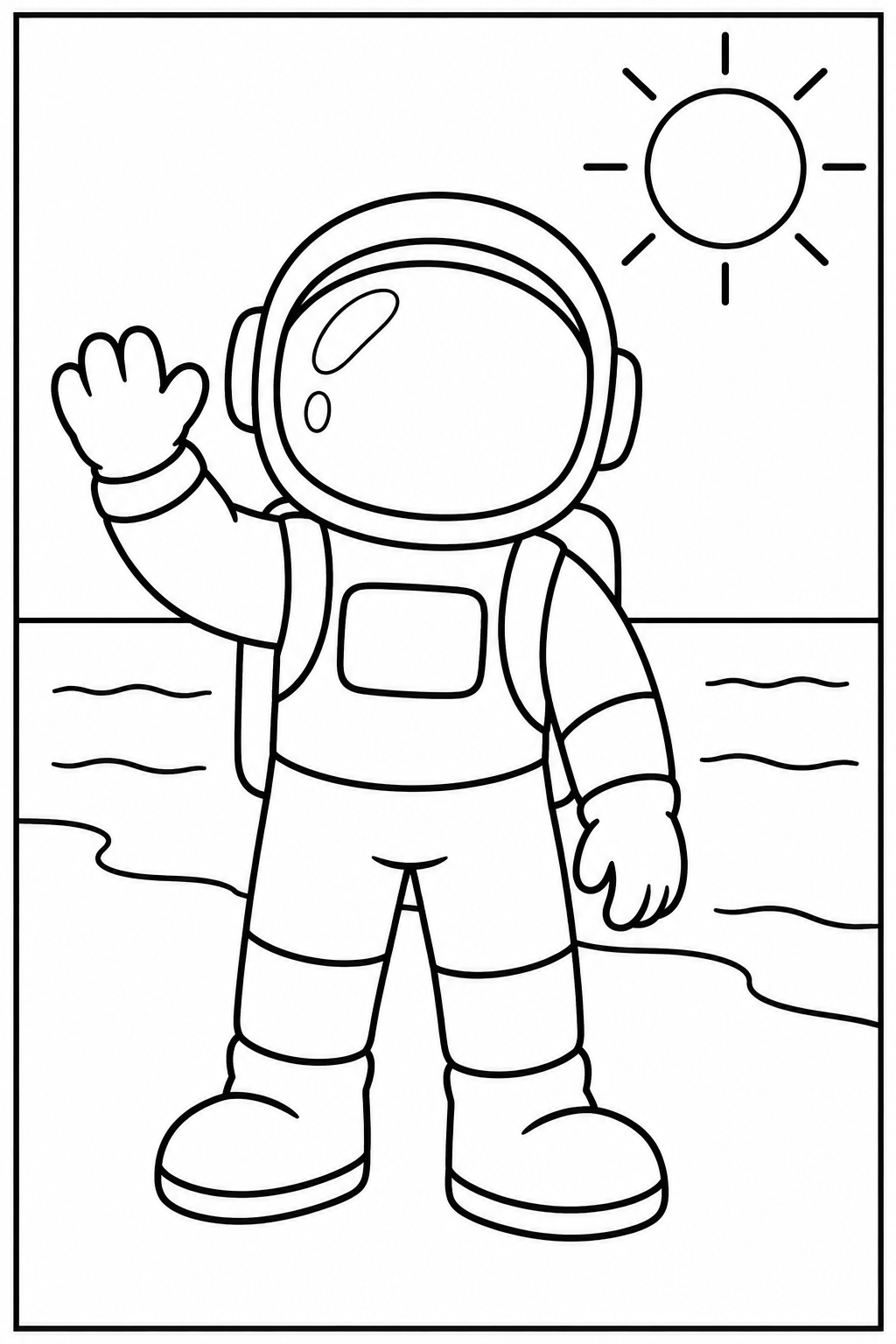 Astronaut — Op het strand — zwart-wit kleurplaat