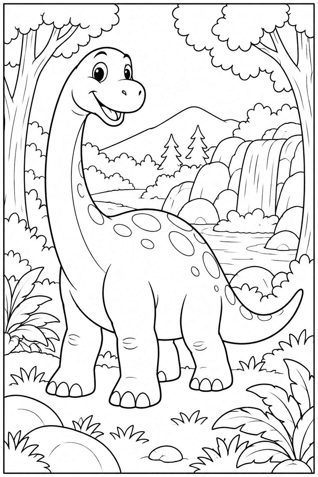 Dino — In het bos — zwart-wit kleurplaat