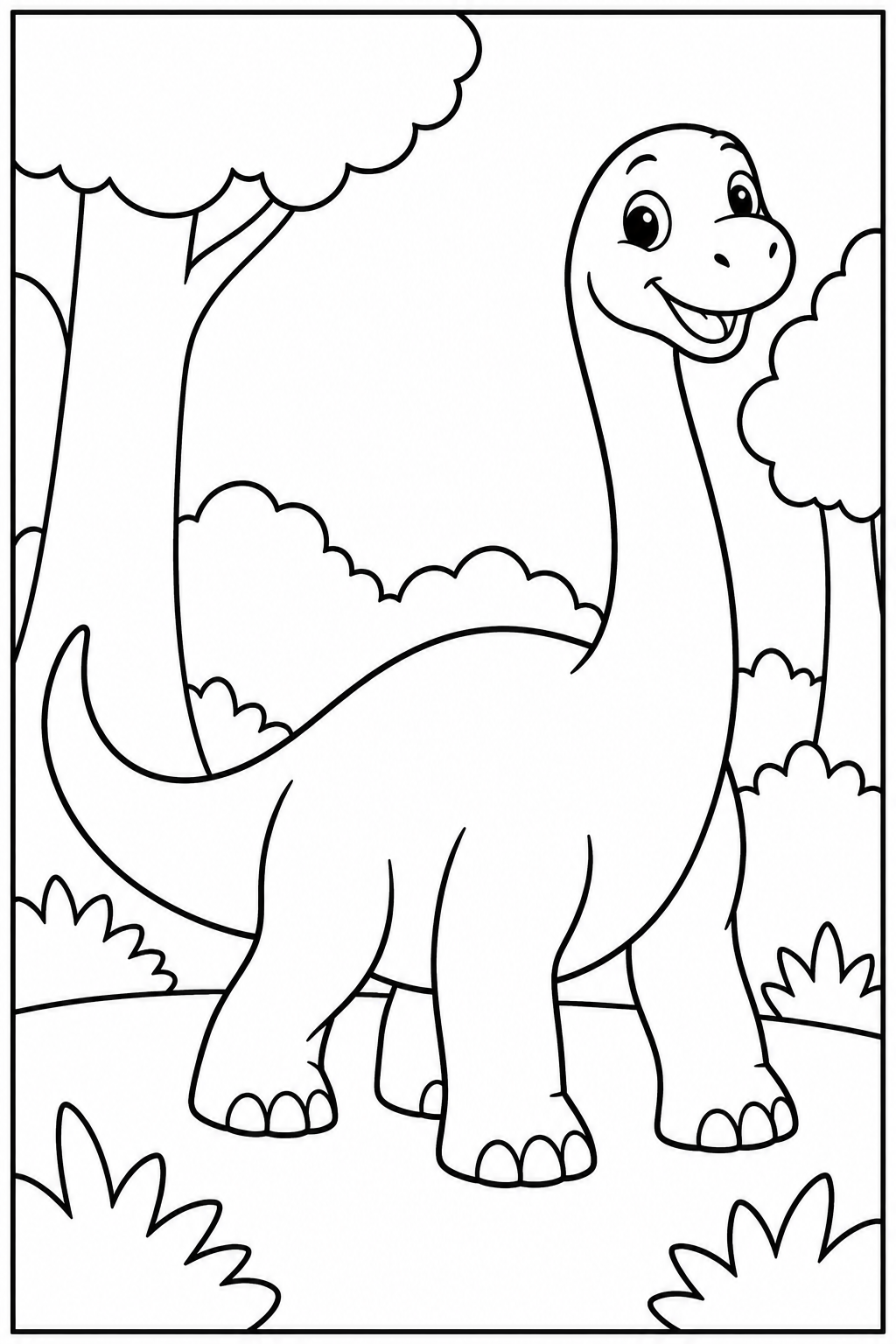 Dino — In het bos — zwart-wit kleurplaat