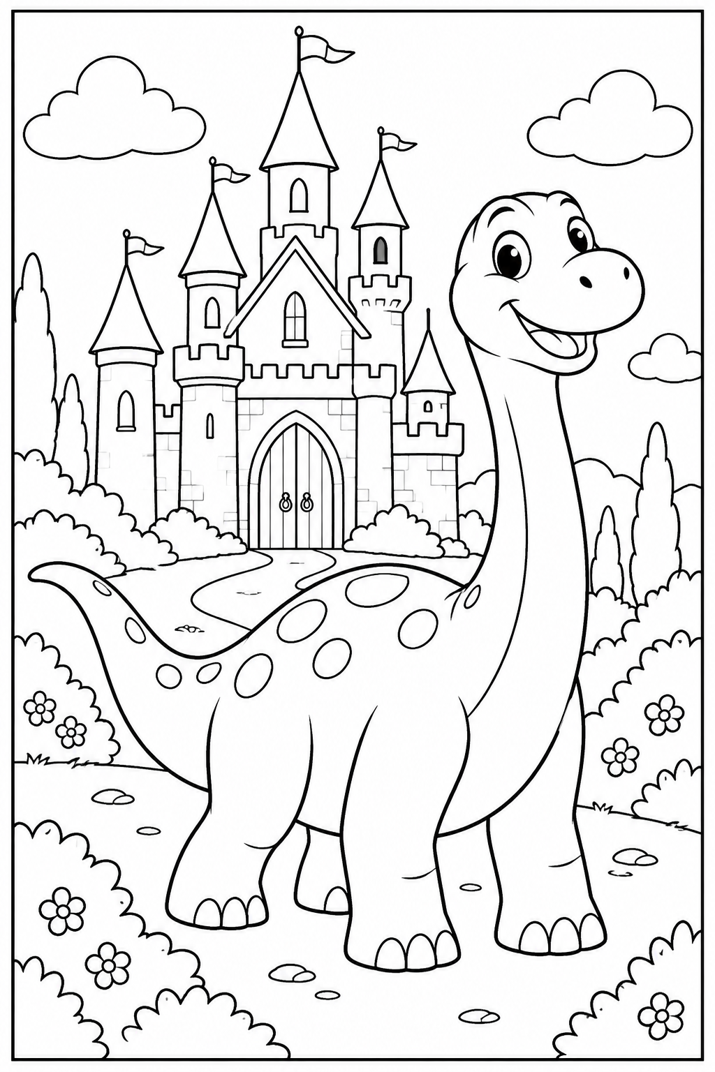 Dino — Bij een kasteel — zwart-wit kleurplaat