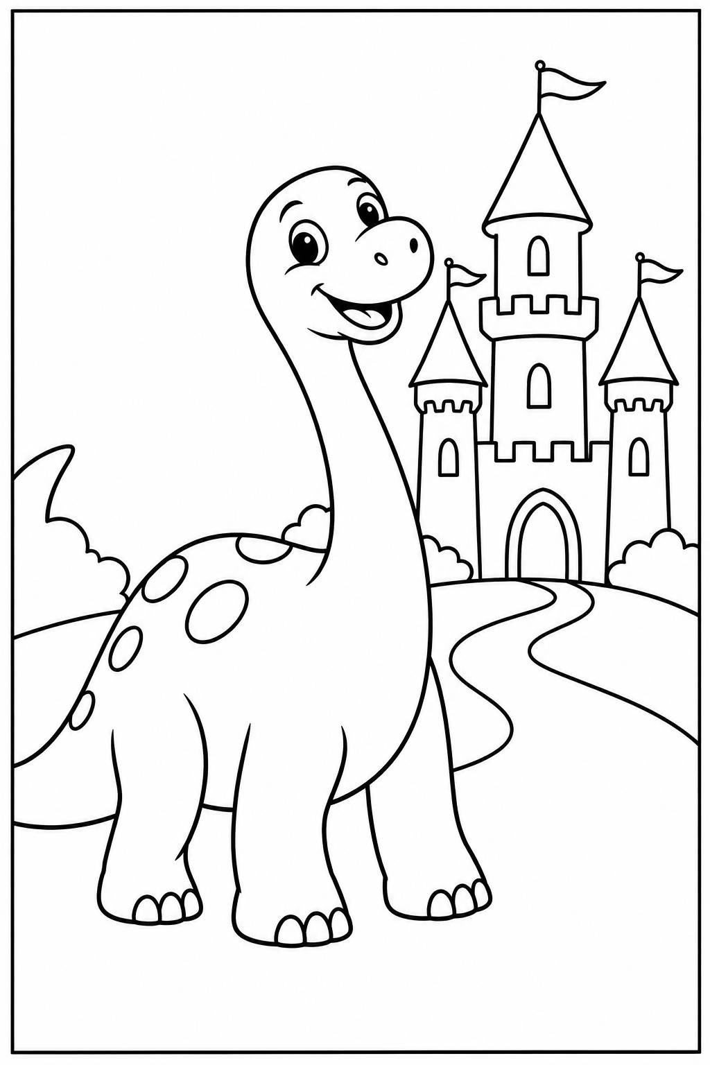 Dino — Bij een kasteel — zwart-wit kleurplaat