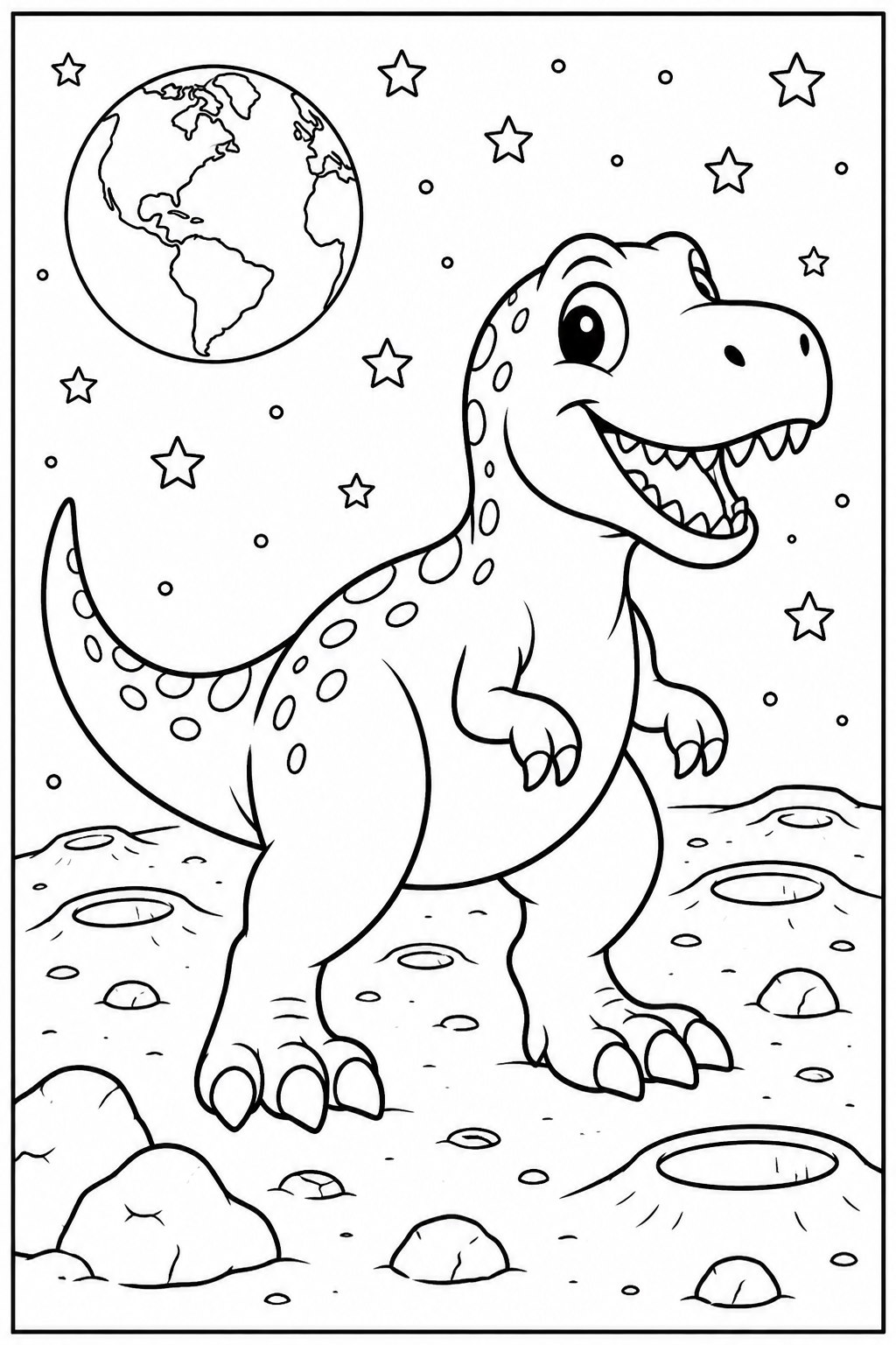Dino — Op de maan — zwart-wit kleurplaat