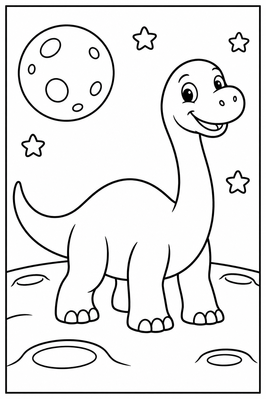 Dino — Op de maan — zwart-wit kleurplaat