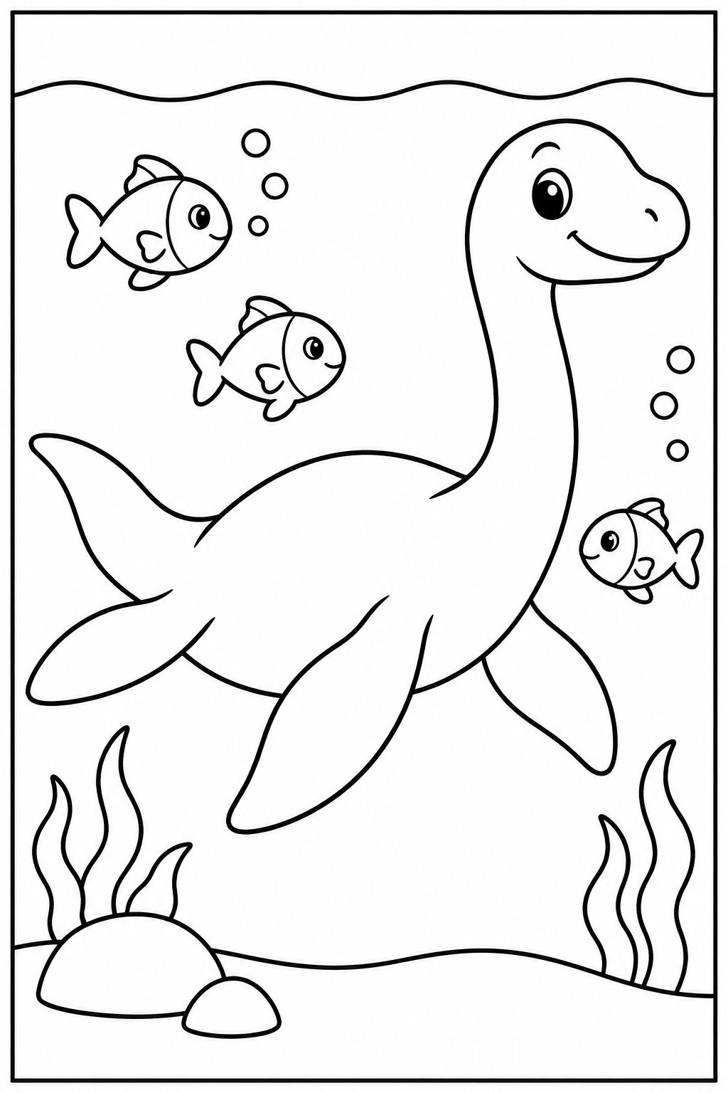 Dino — Onder water — zwart-wit kleurplaat