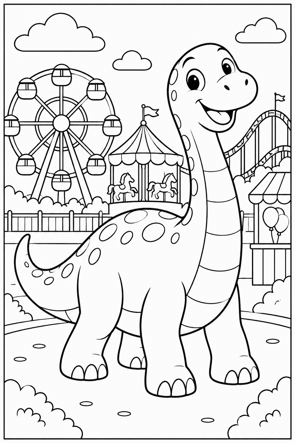 Dino — In het pretpark — zwart-wit kleurplaat