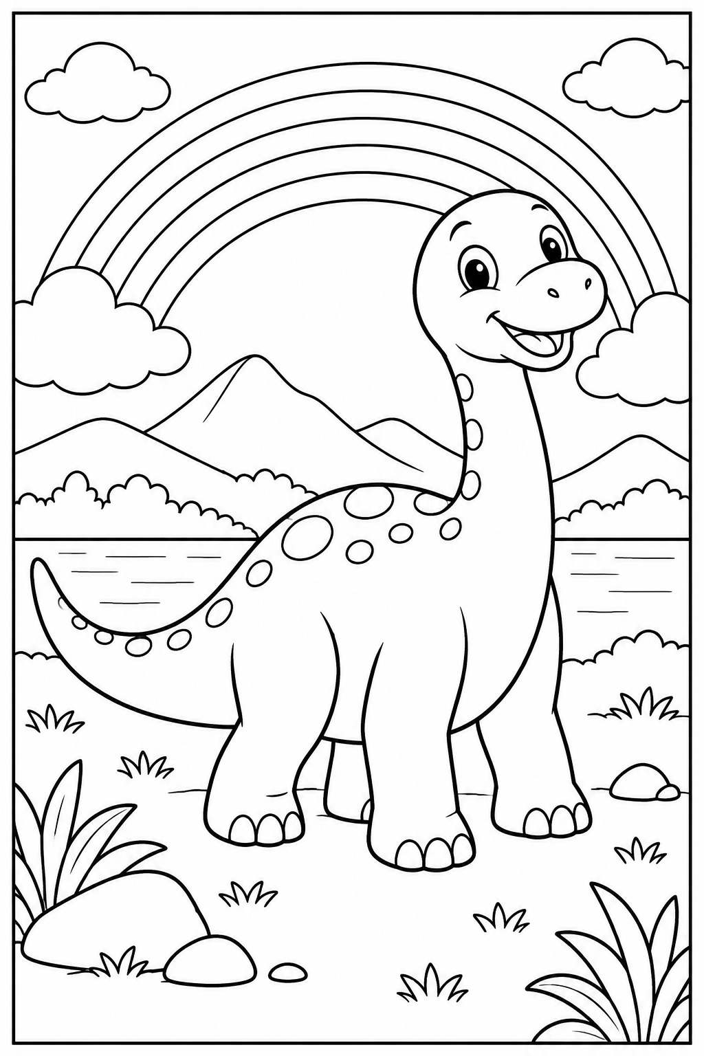 Dino — Bij de regenboog — zwart-wit kleurplaat