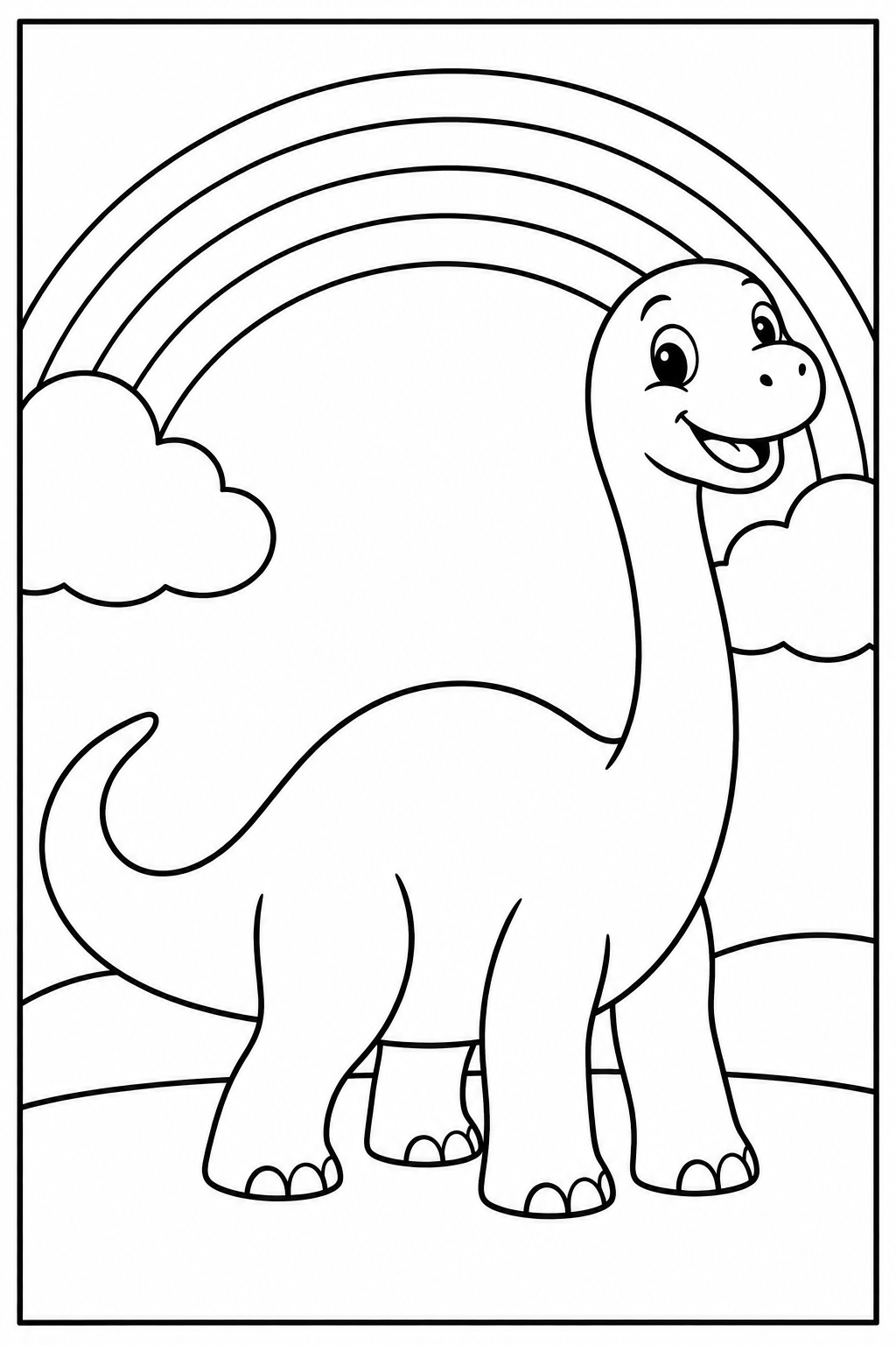 Dino — Bij de regenboog — zwart-wit kleurplaat