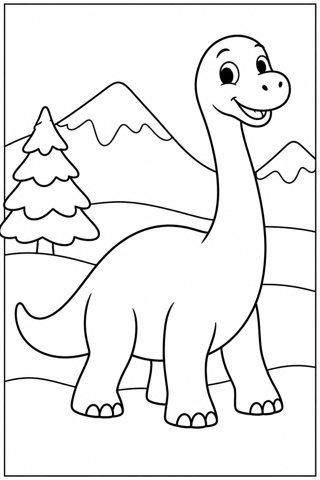 Dino — In de sneeuw — zwart-wit kleurplaat