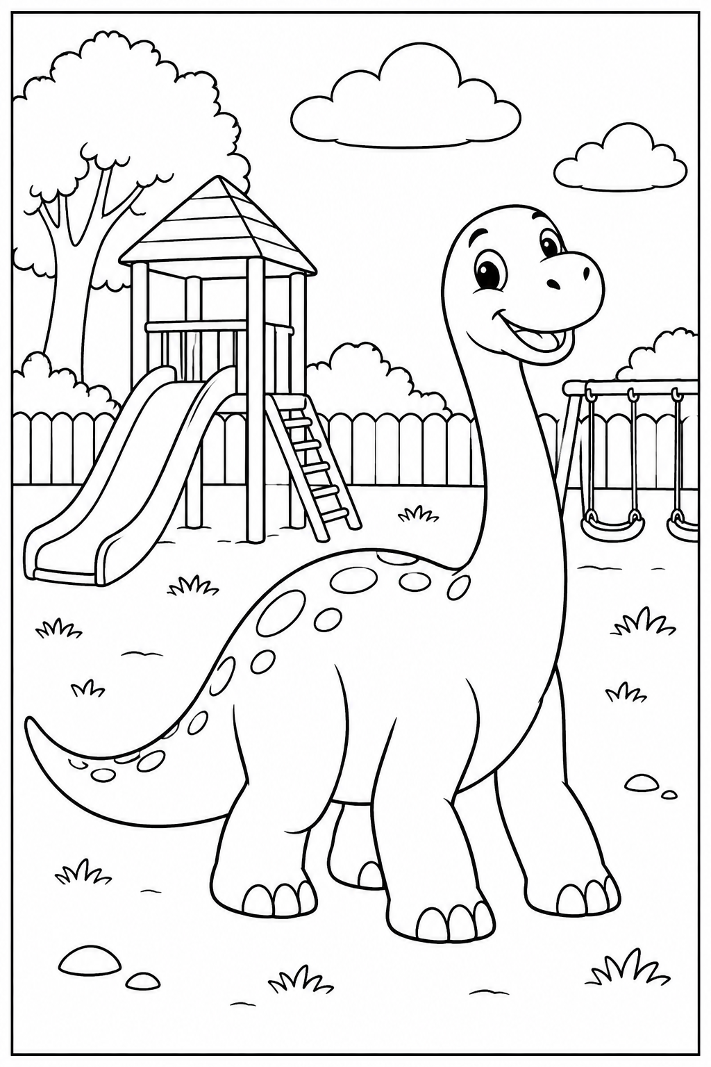 Dino — In de speeltuin — zwart-wit kleurplaat