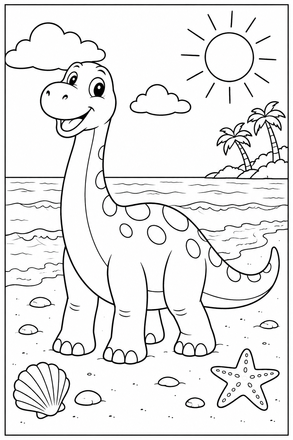 Dino — Op het strand — zwart-wit kleurplaat