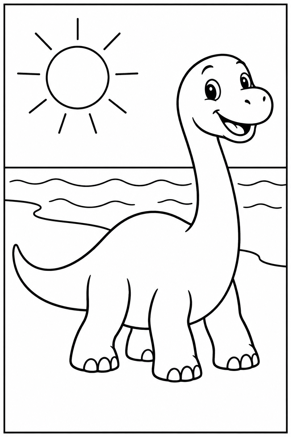 Dino — Op het strand — zwart-wit kleurplaat
