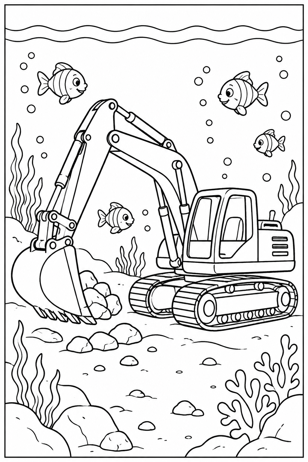 Graafmachine — Onder water — zwart-wit kleurplaat