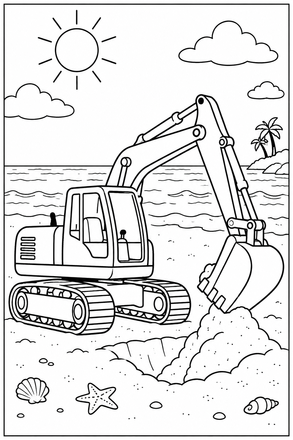 Graafmachine — Op het strand — zwart-wit kleurplaat