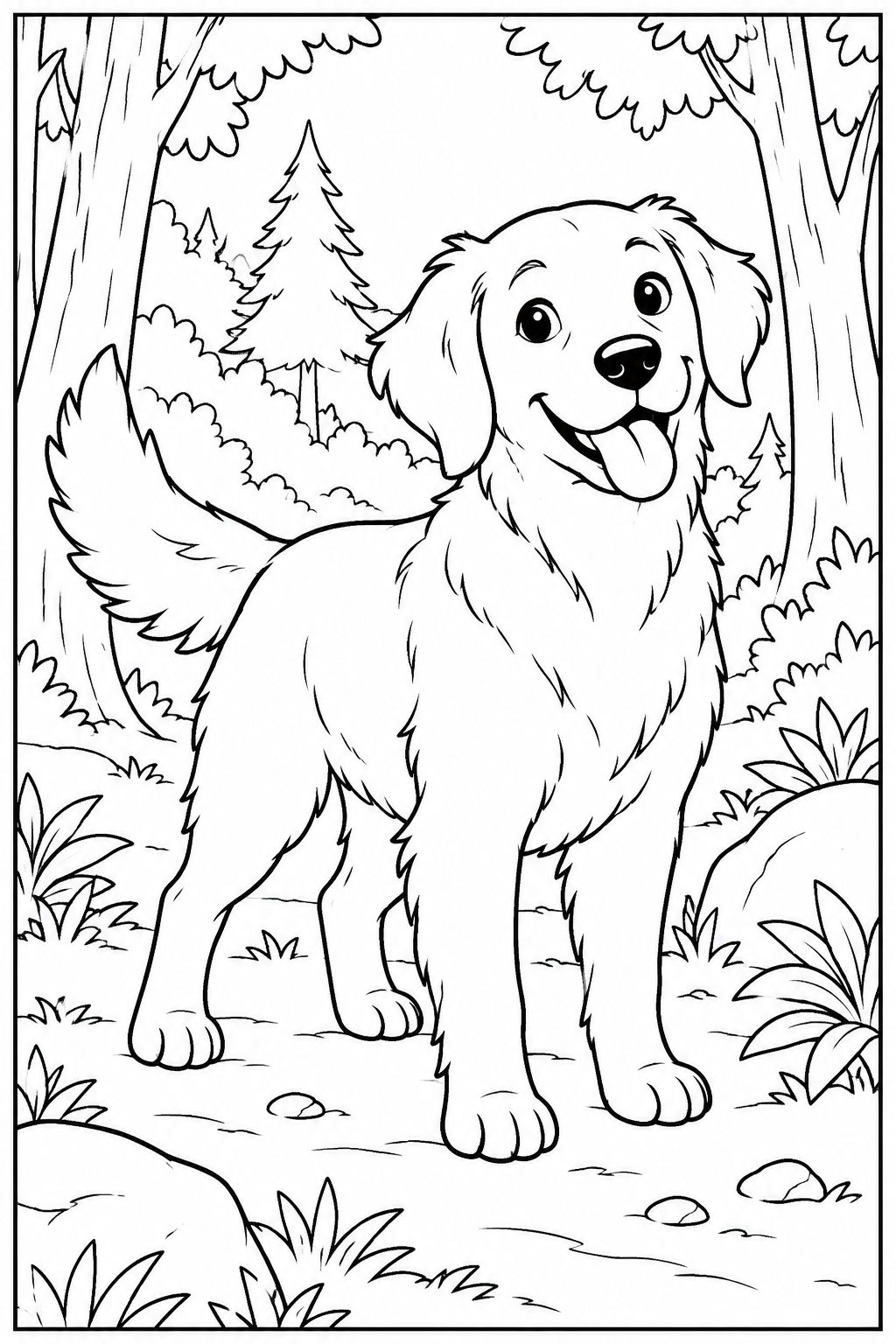 Hond — In het bos — zwart-wit kleurplaat