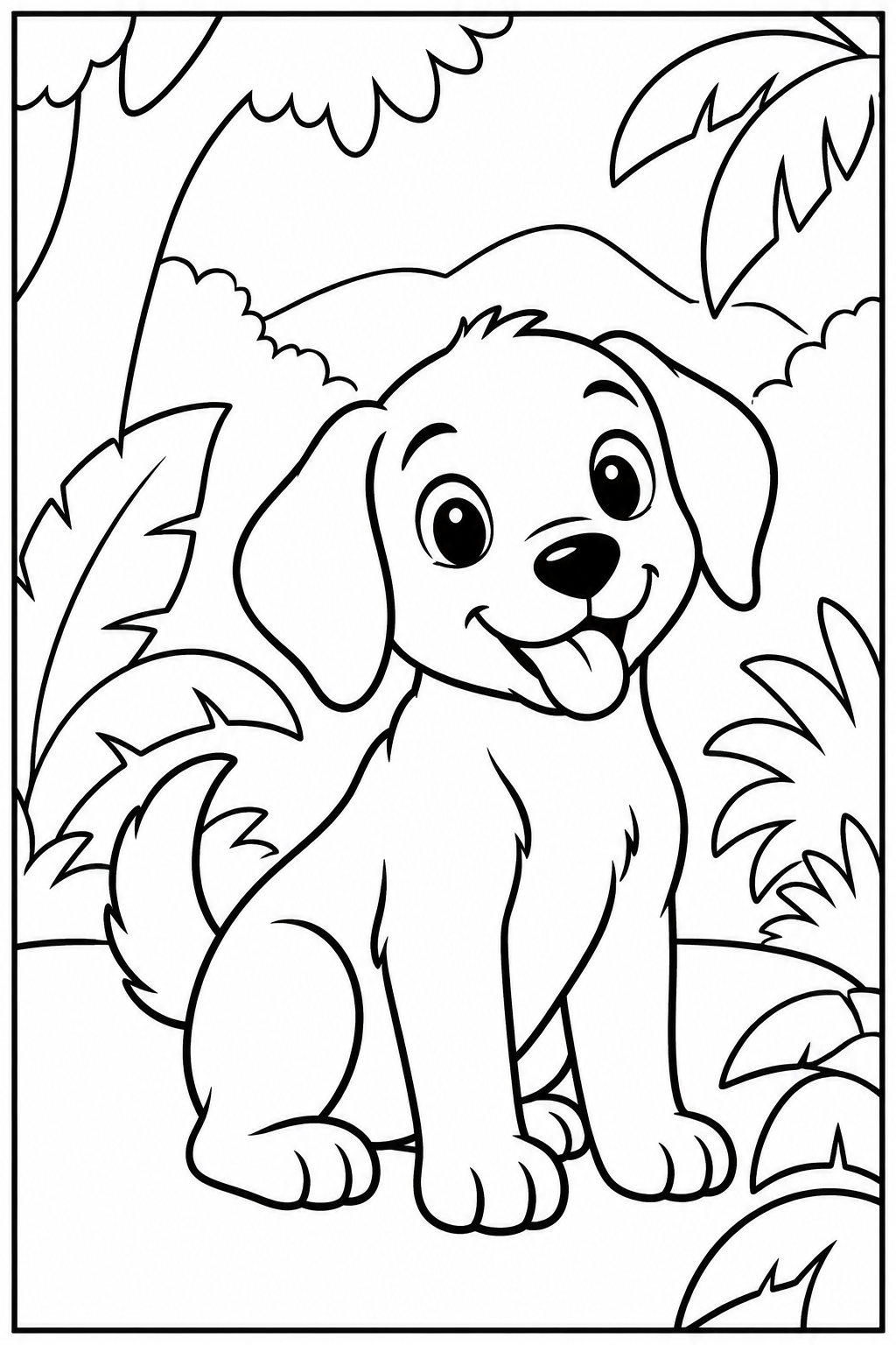 Hond — In de jungle — zwart-wit kleurplaat