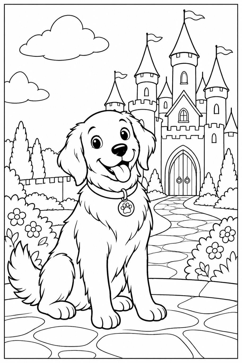 Hond — Bij een kasteel — zwart-wit kleurplaat