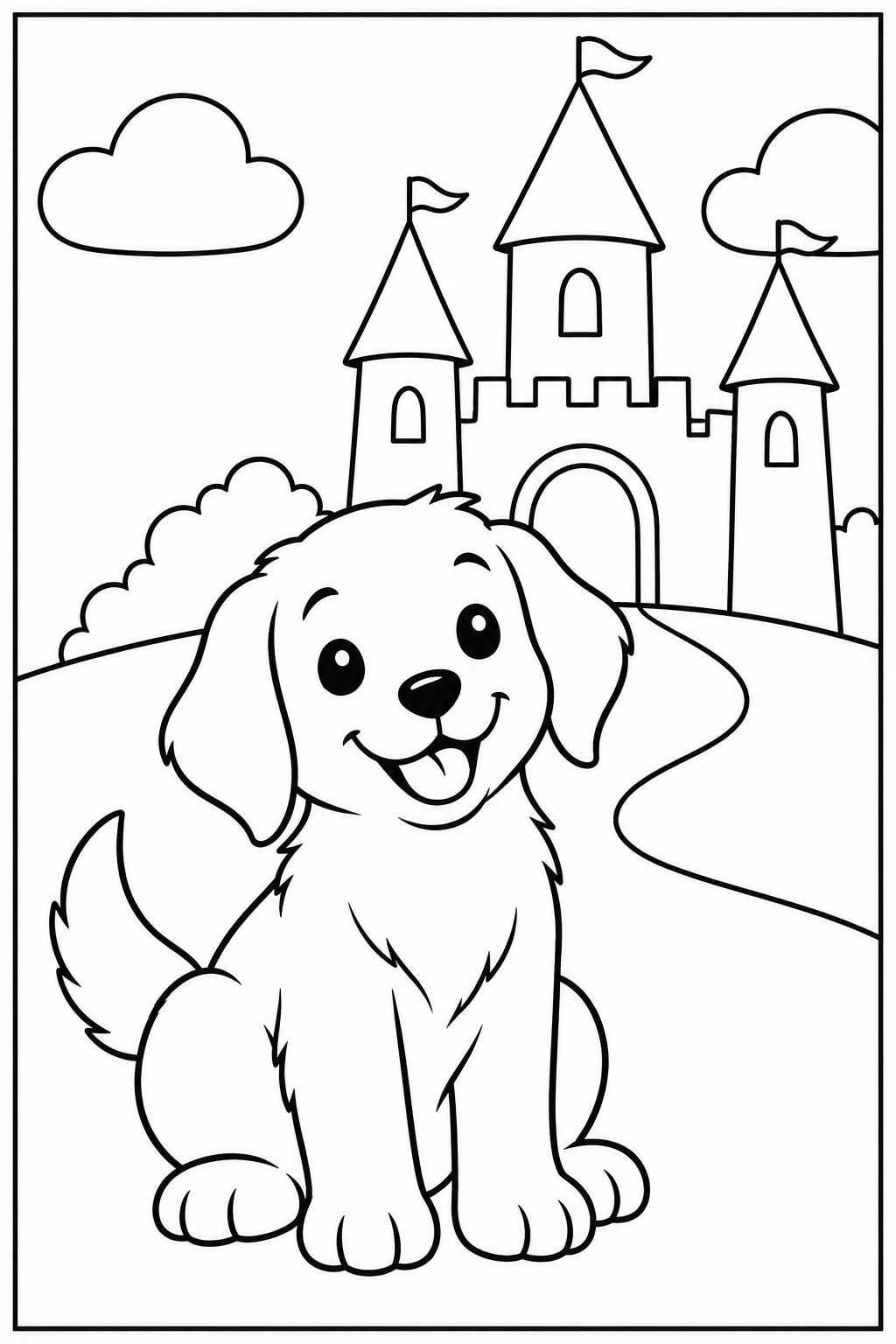 Hond — Bij een kasteel — zwart-wit kleurplaat