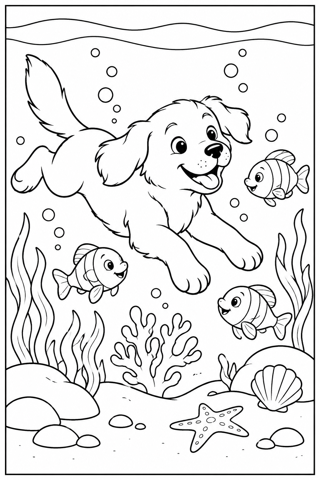 Hond — Onder water — zwart-wit kleurplaat