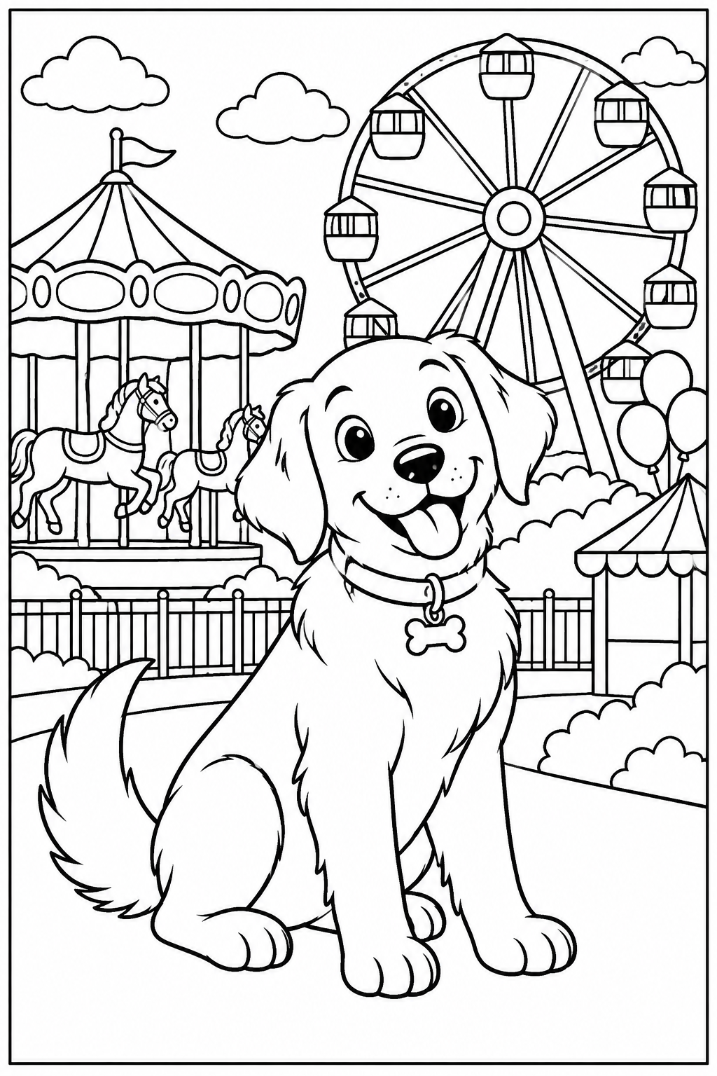 Hond — In het pretpark — zwart-wit kleurplaat