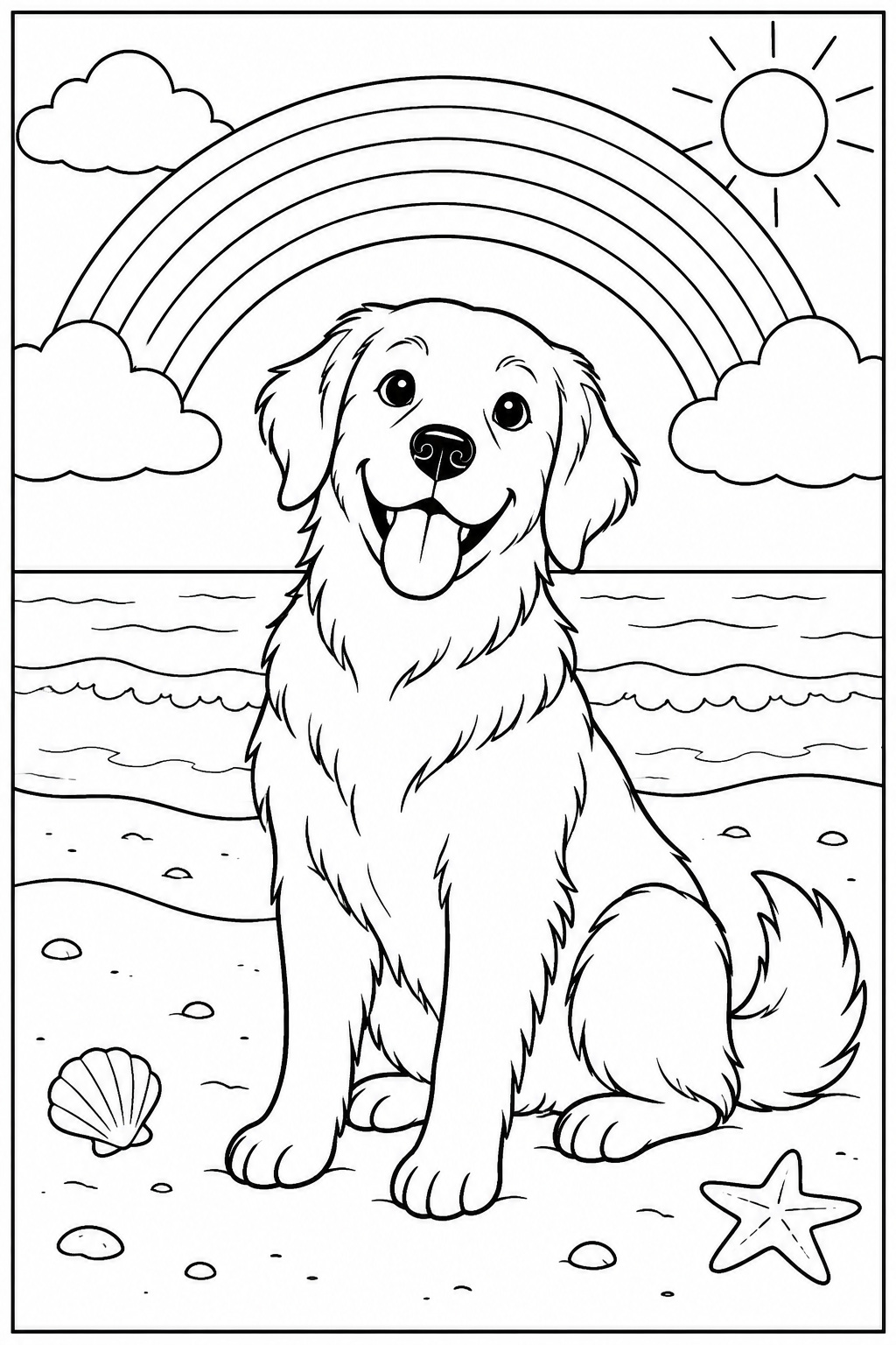 Hond — Bij de regenboog — zwart-wit kleurplaat