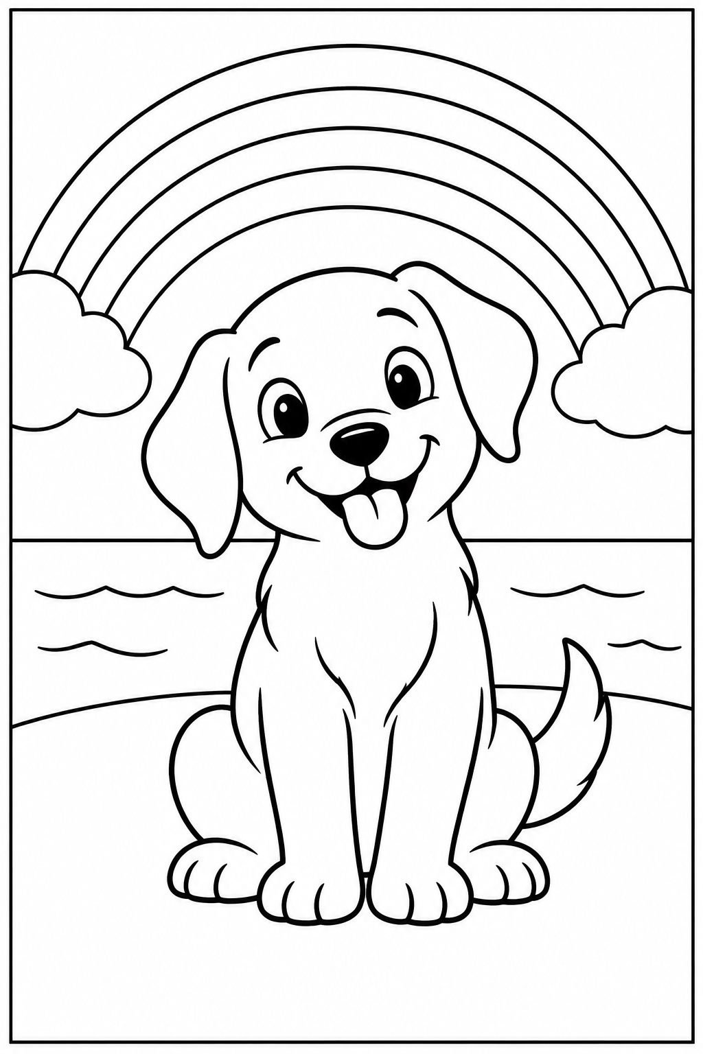 Hond — Bij de regenboog — zwart-wit kleurplaat