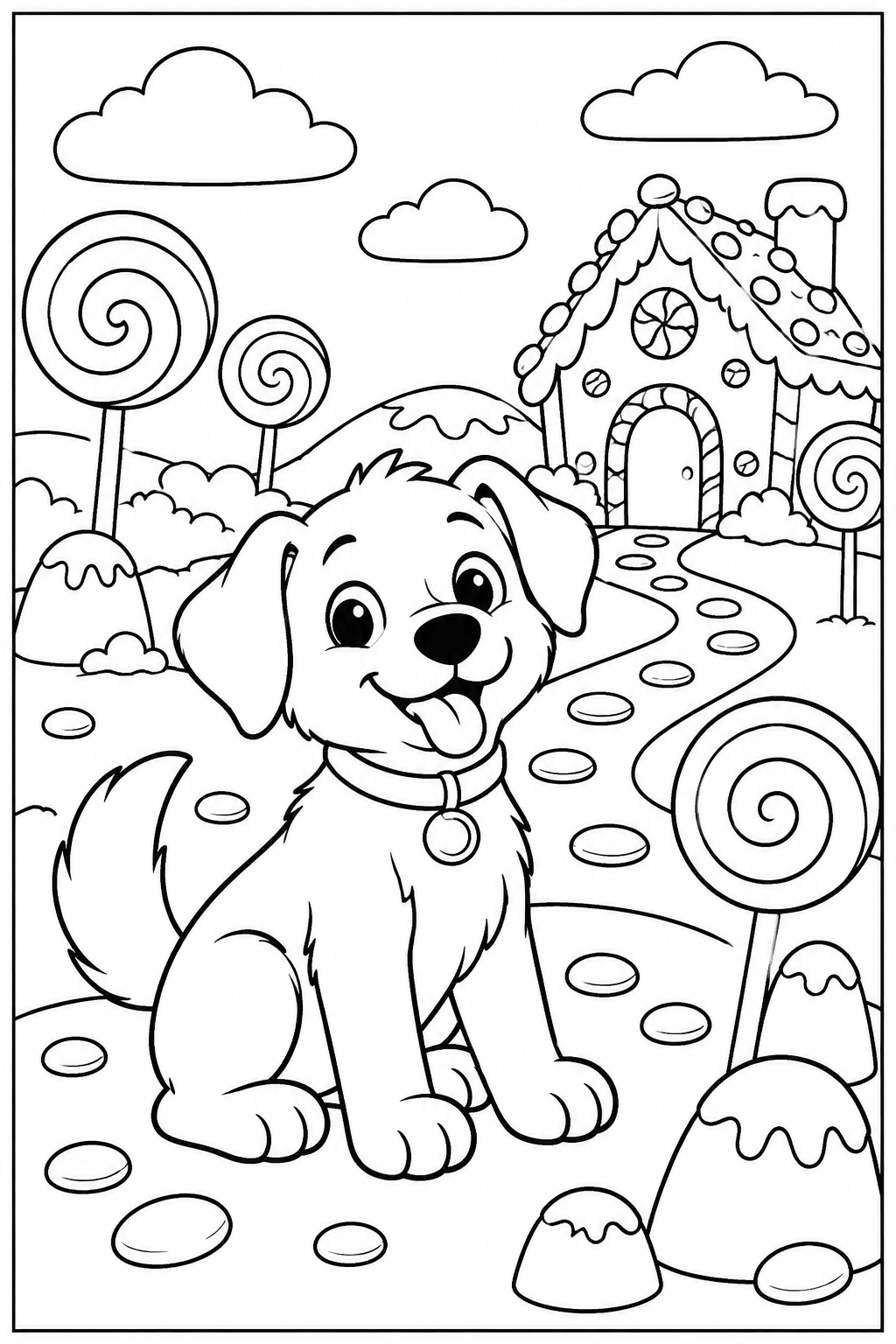Hond — Snoepjesland — zwart-wit kleurplaat