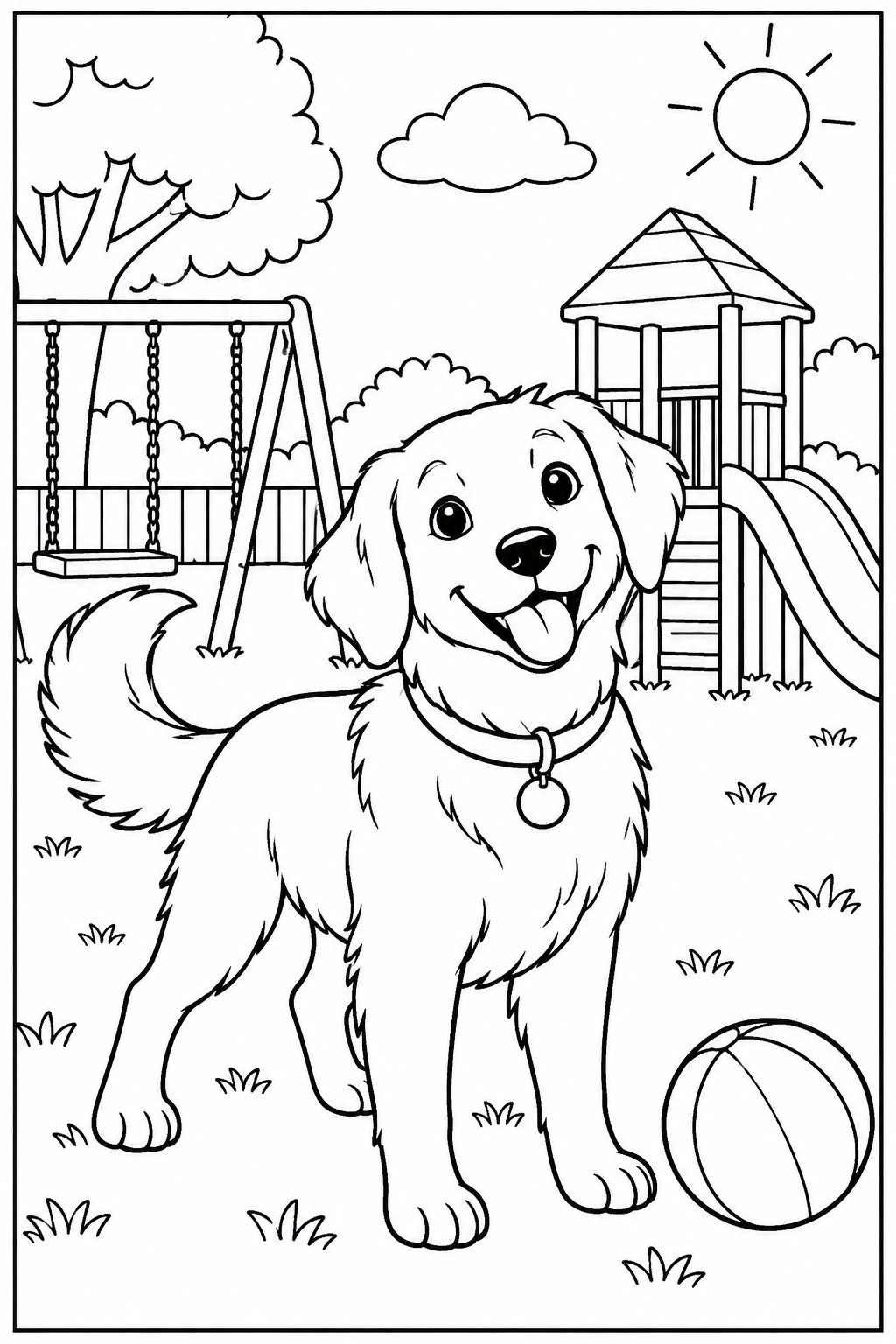 Hond — In de speeltuin — zwart-wit kleurplaat