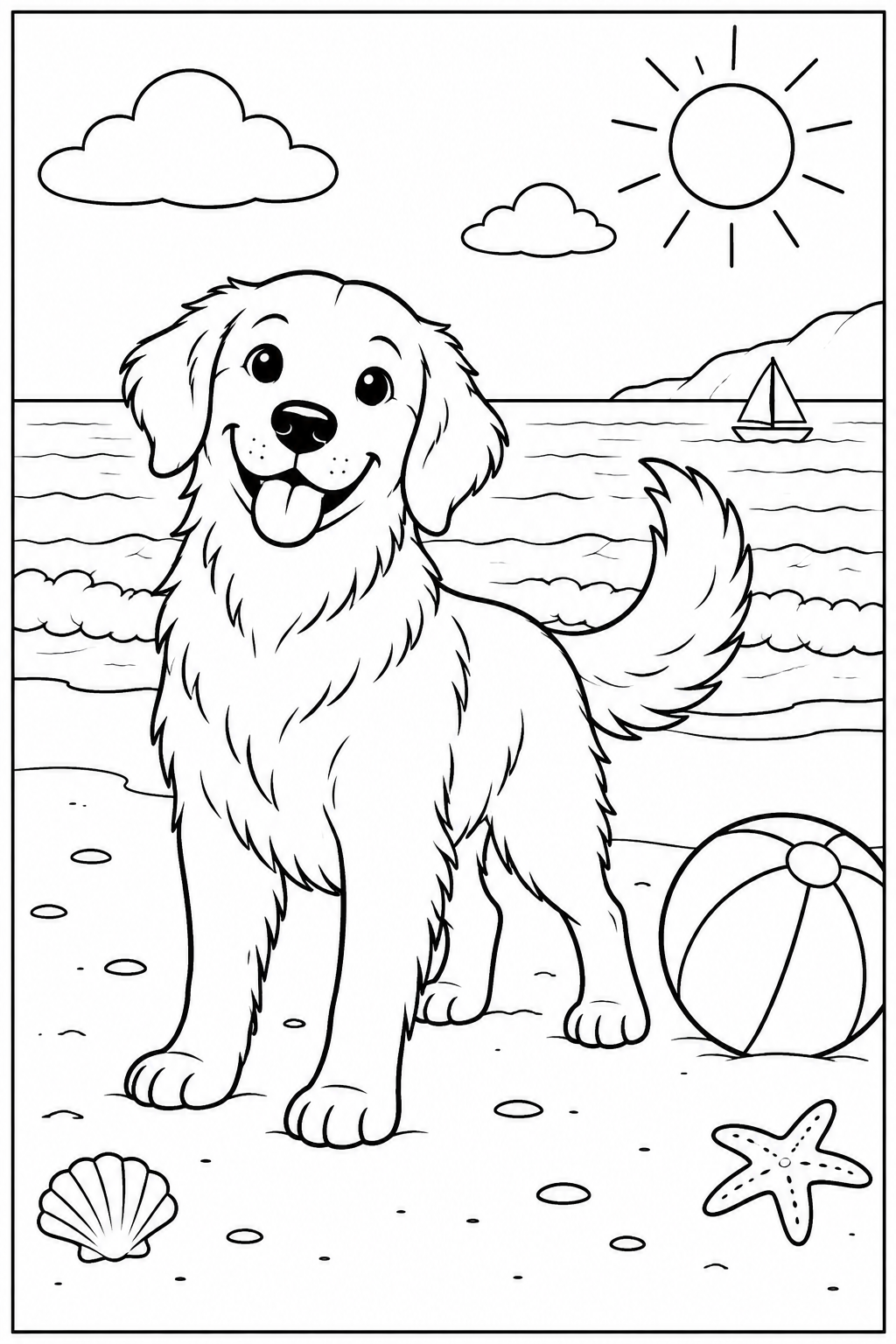 Hond — Op het strand — zwart-wit kleurplaat