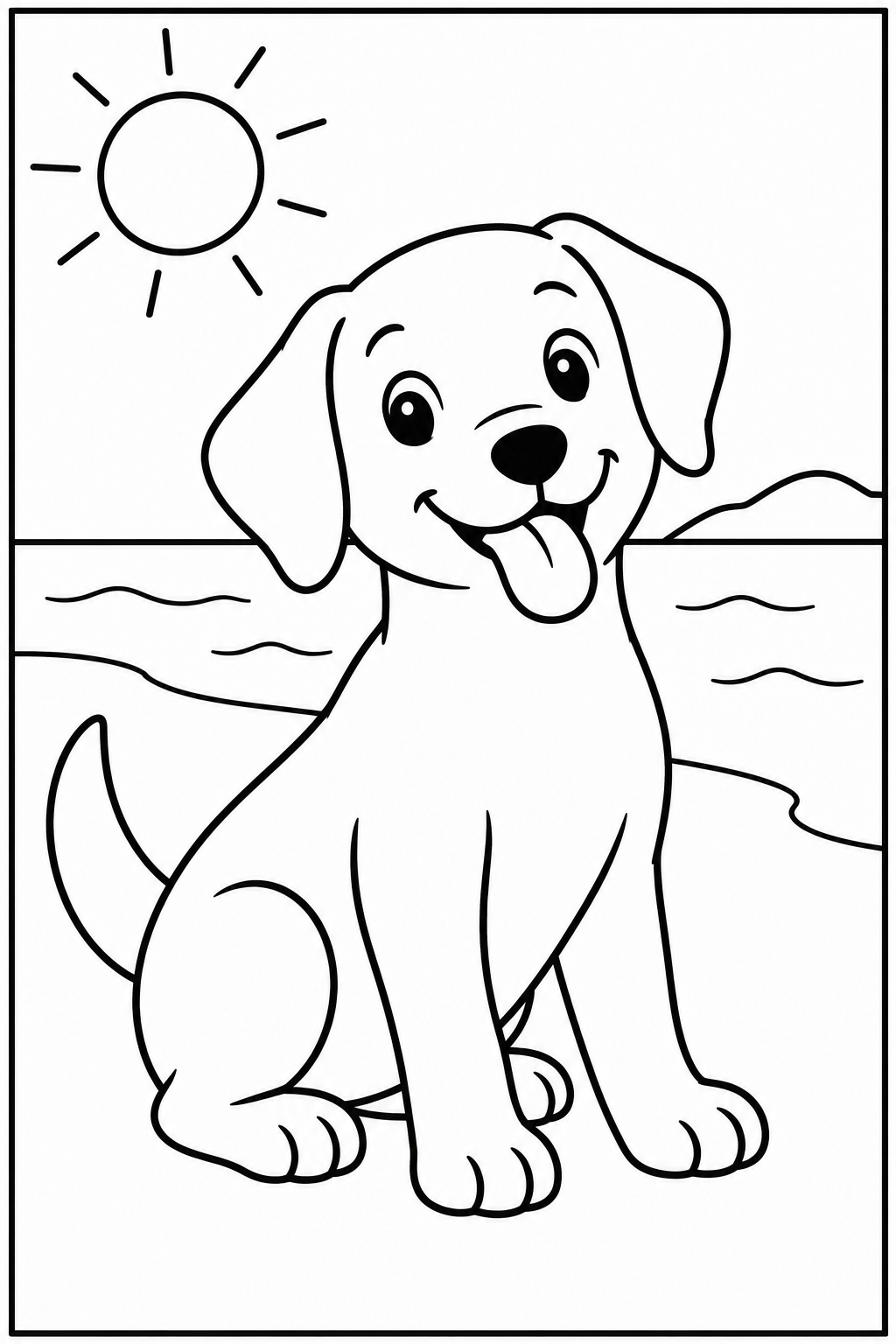 Hond — Op het strand — zwart-wit kleurplaat