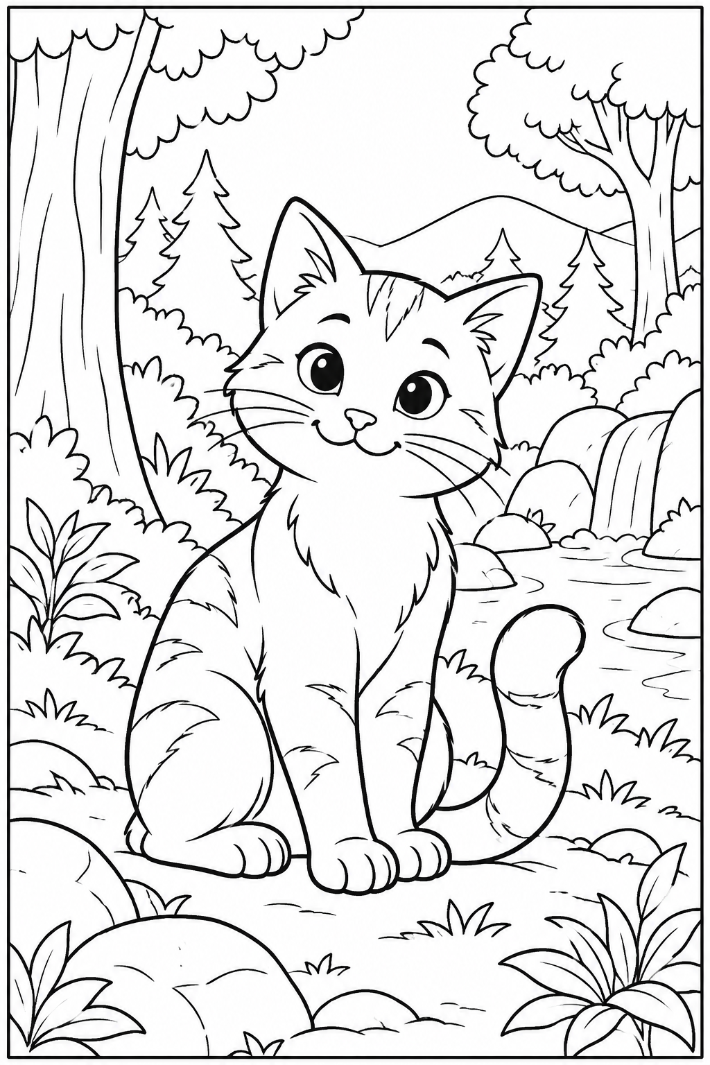 Kat — In het bos — zwart-wit kleurplaat