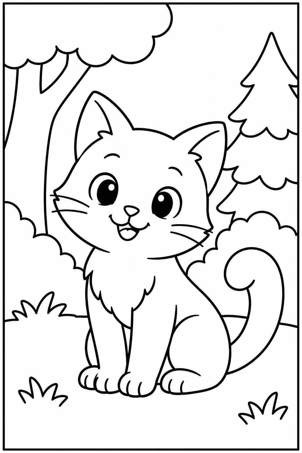 Kat — In het bos — zwart-wit kleurplaat