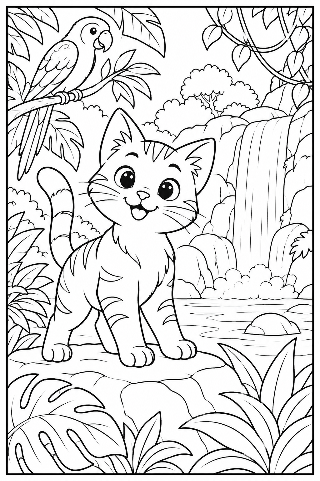 Kat — In de jungle — zwart-wit kleurplaat