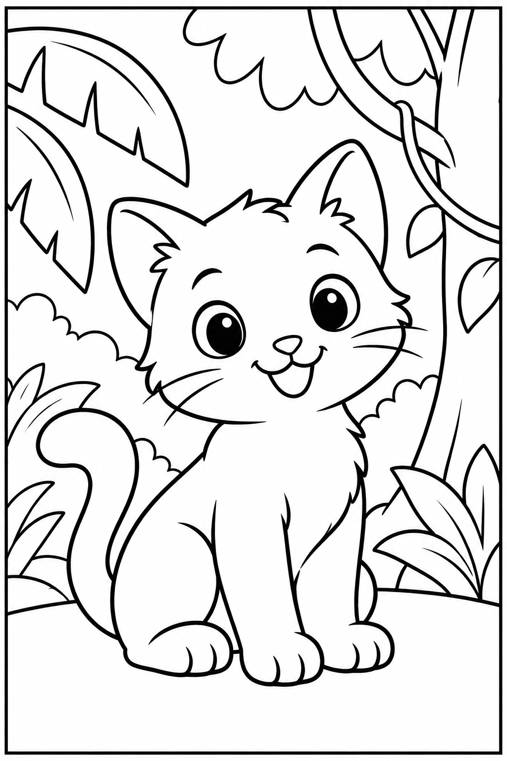 Kat — In de jungle — zwart-wit kleurplaat