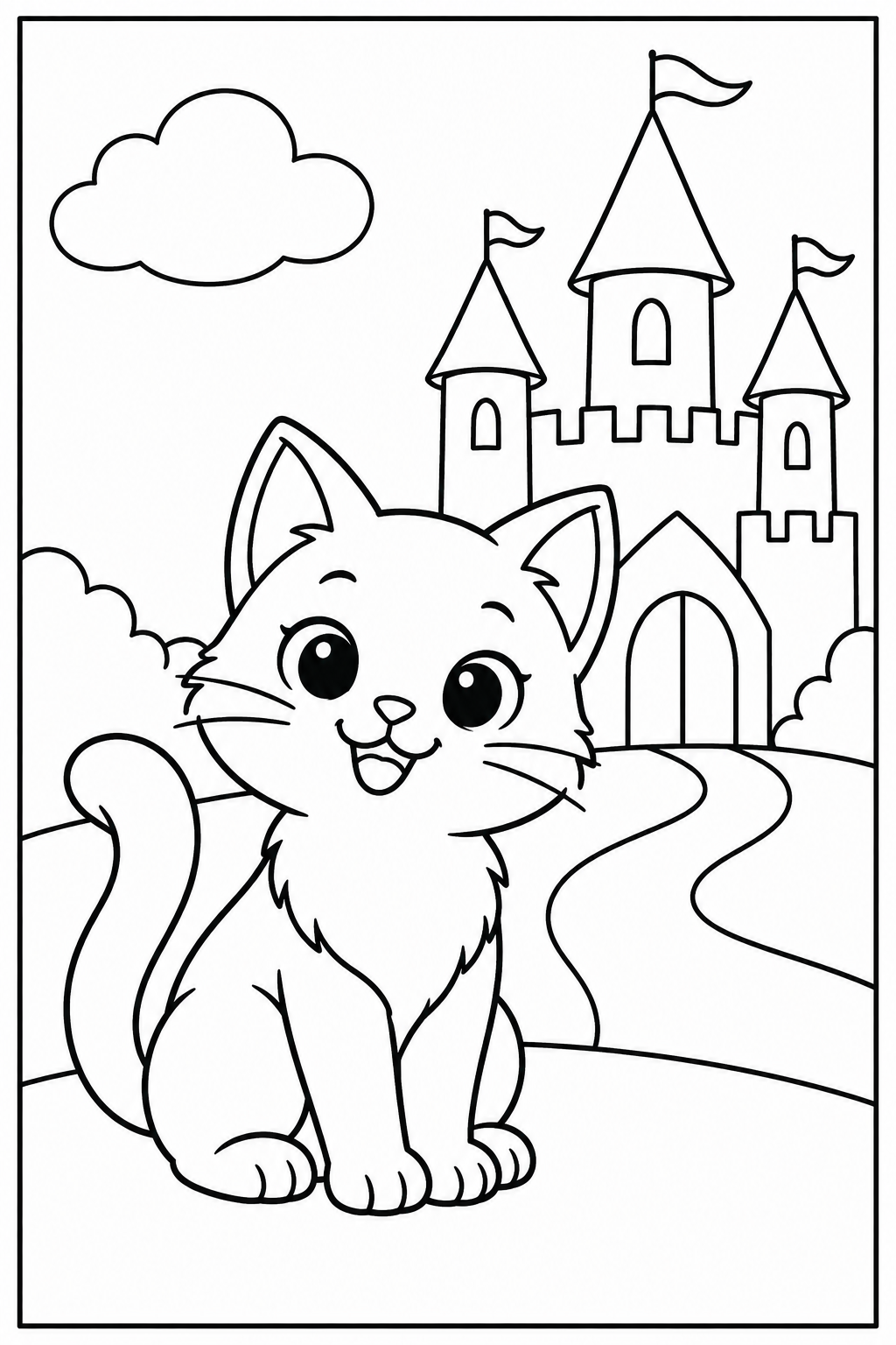 Kat — Bij een kasteel — zwart-wit kleurplaat