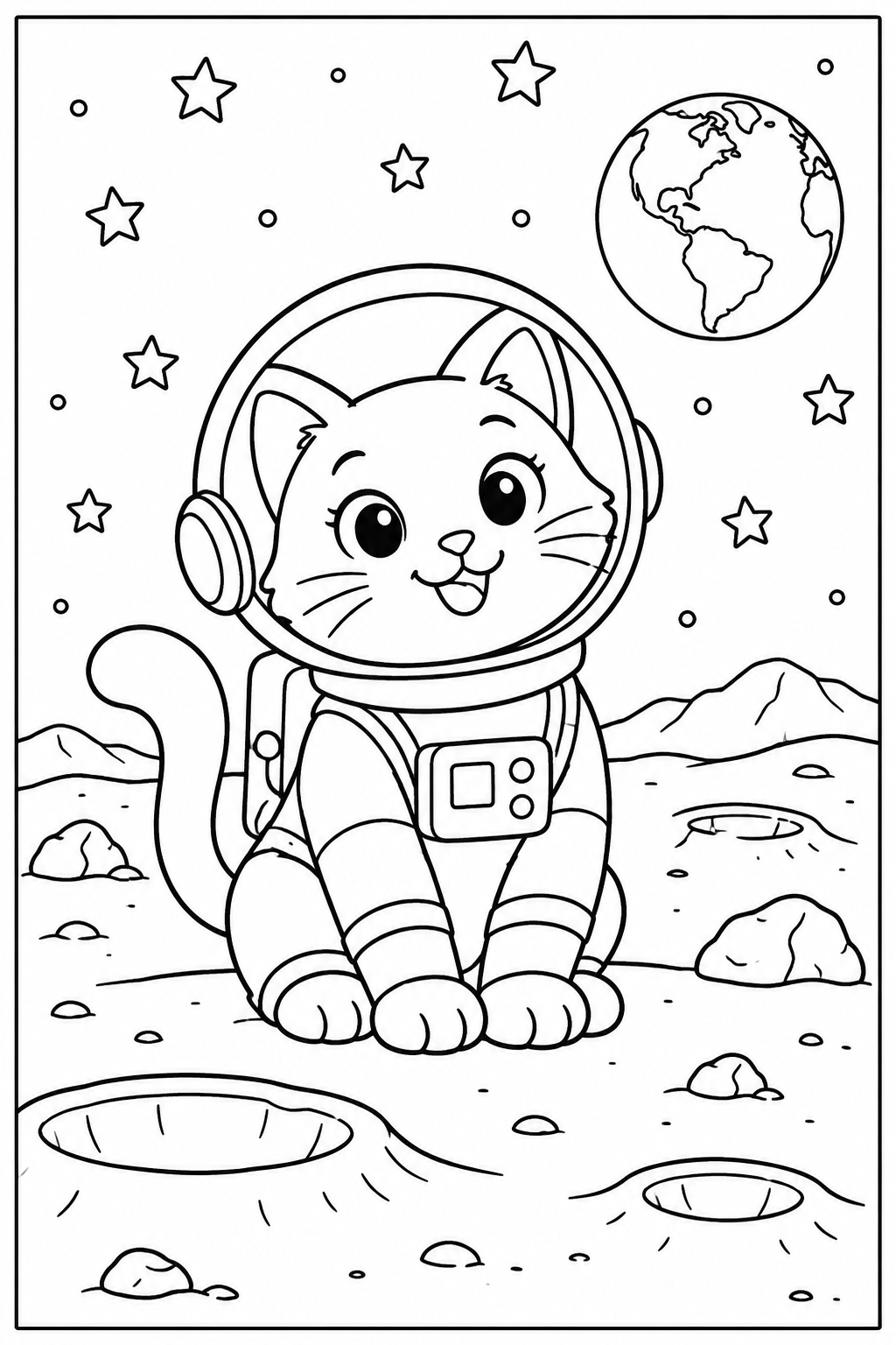 Kat — Op de maan — zwart-wit kleurplaat