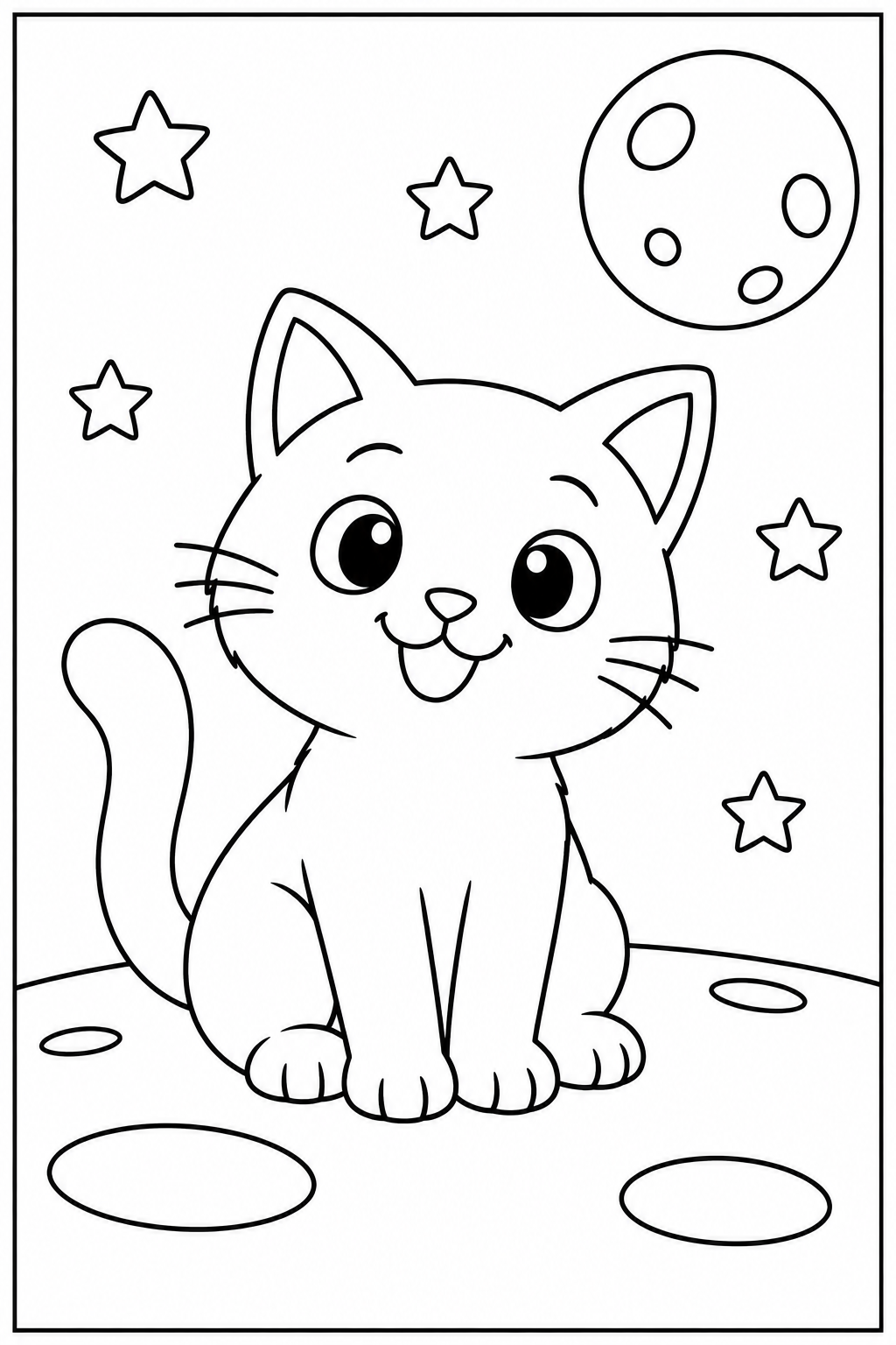 Kat — Op de maan — zwart-wit kleurplaat