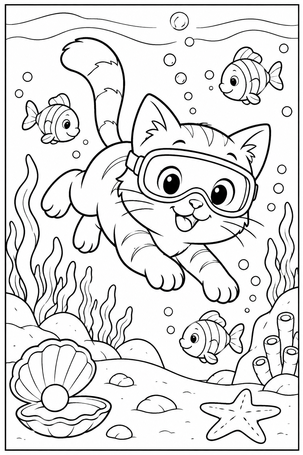 Kat — Onder water — zwart-wit kleurplaat