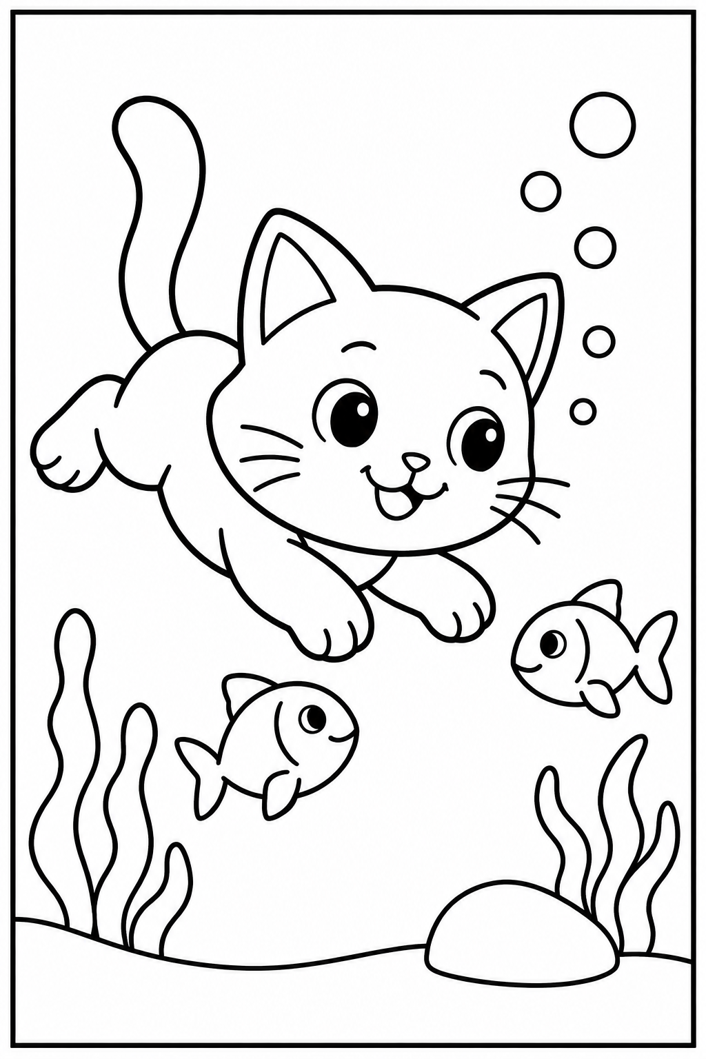Kat — Onder water — zwart-wit kleurplaat